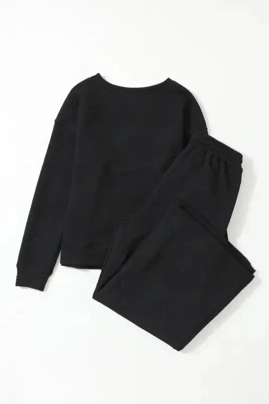 Black Textured 2-Piece Slouchy Loungewear Set - Fashionfitz