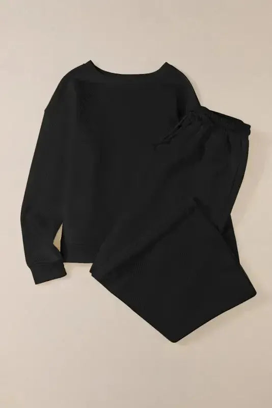 Black Textured 2-Piece Slouchy Loungewear Set - Fashionfitz