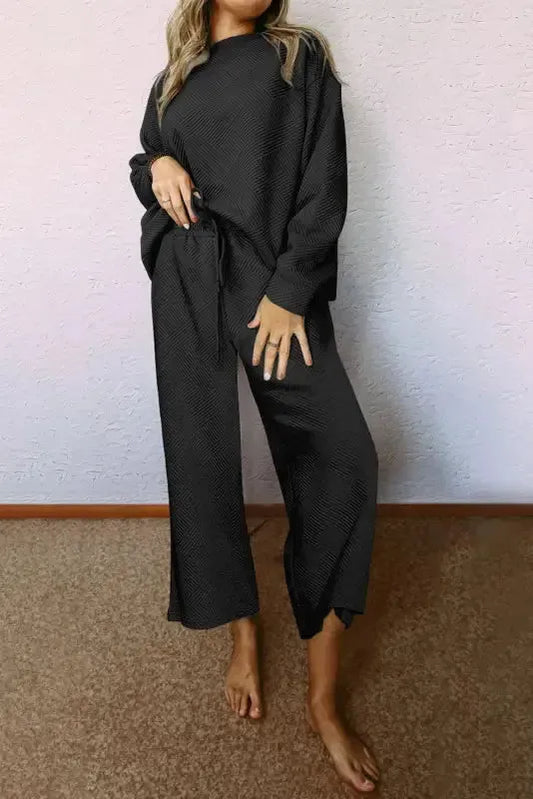 Black Textured 2-Piece Slouchy Loungewear Set - Fashionfitz