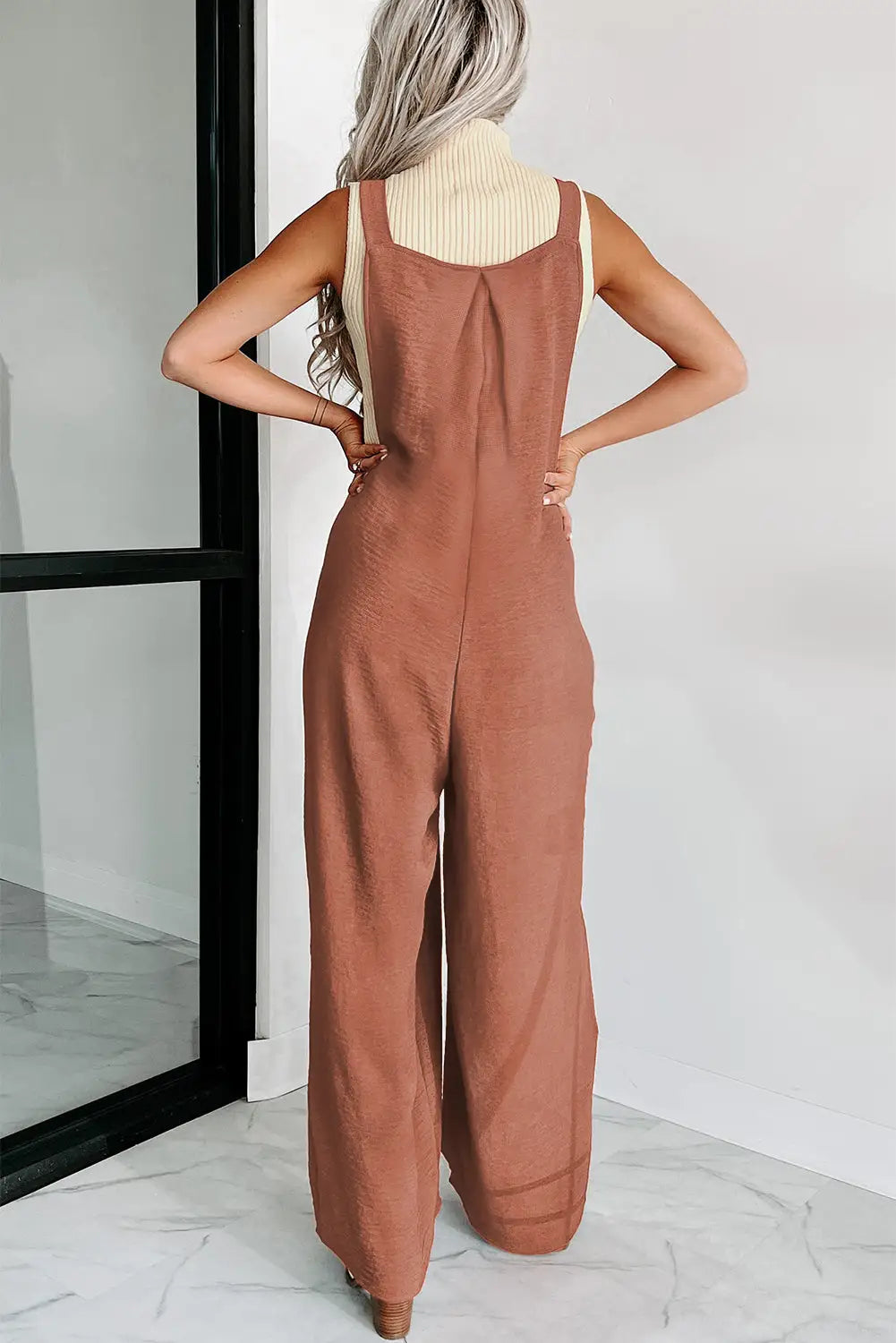Black textured buttoned straps ruched wide leg jumpsuit - jumpsuits & rompers