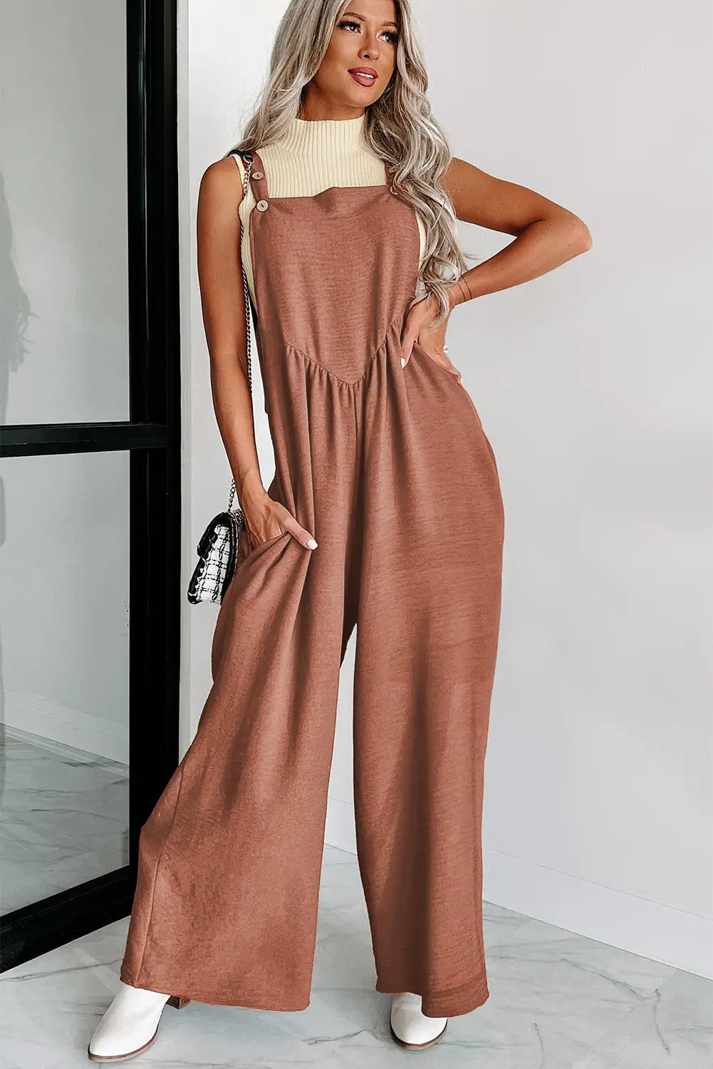 Black textured buttoned straps ruched wide leg jumpsuit - jumpsuits & rompers