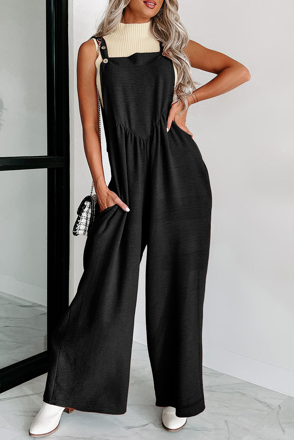 Black textured buttoned straps ruched wide leg jumpsuit - l / 65% cotton + 33% polyester + 2% elastane - jumpsuits &