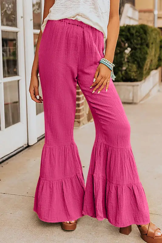 Black textured high waist ruffled bell bottom pants - rose / s / 100% cotton - wide leg