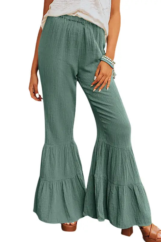 Black textured high waist ruffled bell bottom pants - wide leg