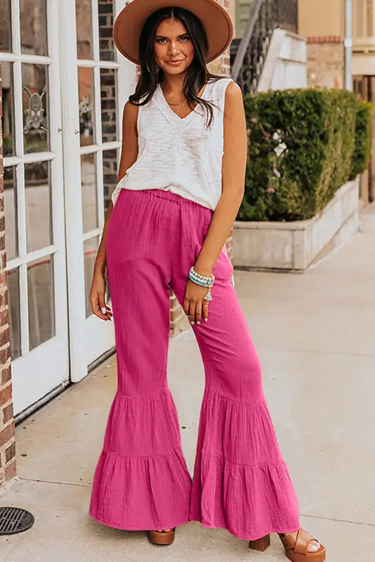 Black textured high waist ruffled bell bottom pants - wide leg