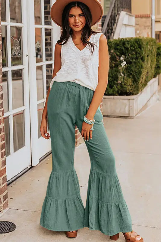 Black textured high waist ruffled bell bottom pants - wide leg