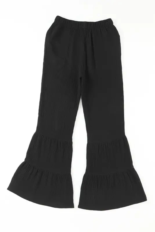 Black textured high waist ruffled bell bottom pants - wide leg