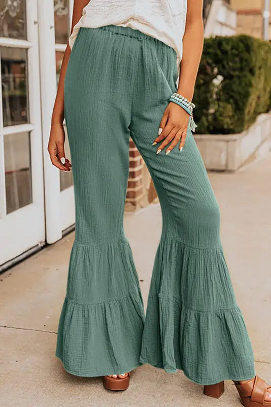 Black textured high waist ruffled bell bottom pants - green / s / 100% cotton - wide leg