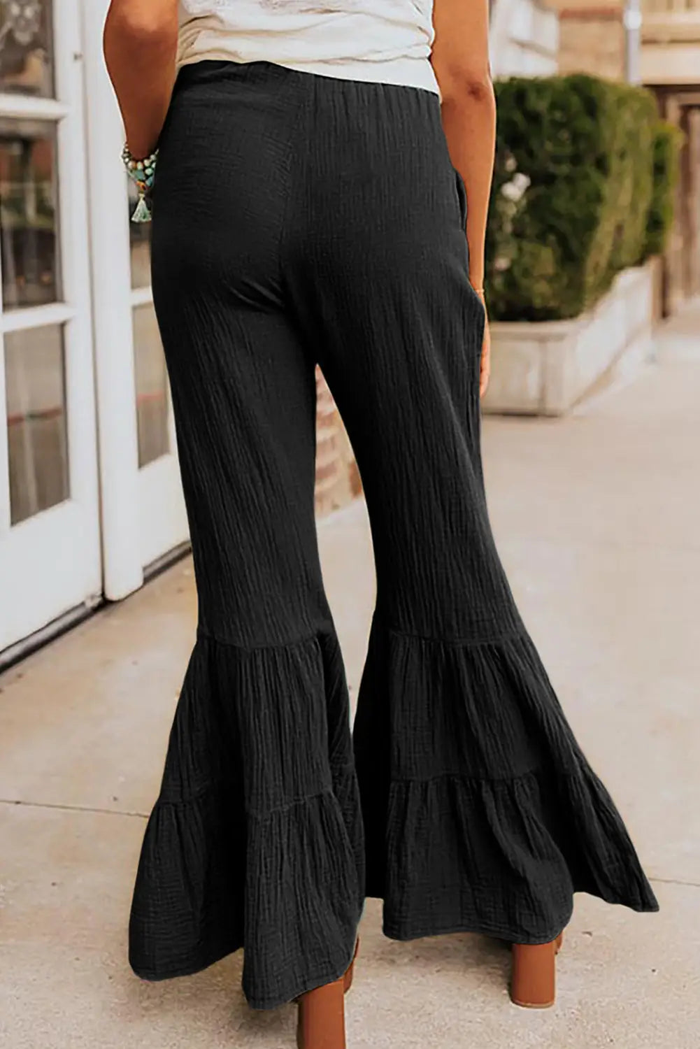 Black textured high waist ruffled bell bottom pants - wide leg