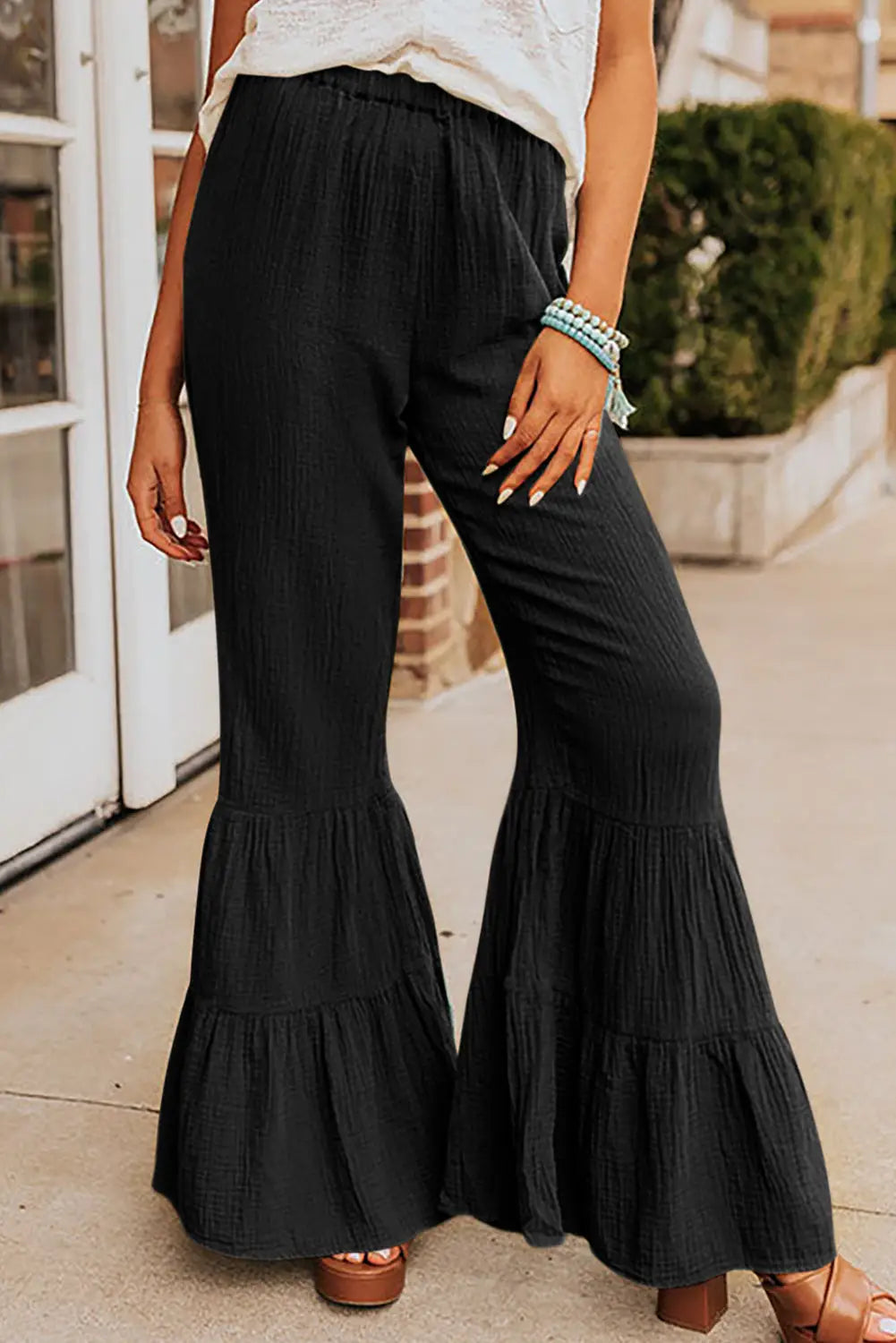 Black textured high waist ruffled bell bottom pants - s / 100% cotton - wide leg