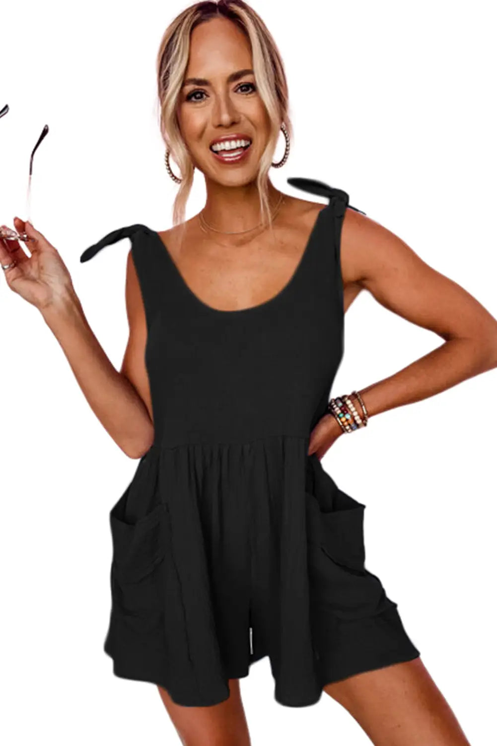 Black textured knotted straps romper - bottoms/jumpsuits & rompers
