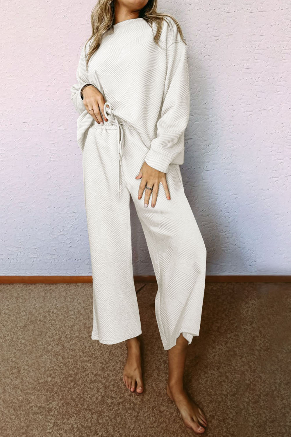 Black textured long sleeve top and drawstring shorts set - white / 2xl / 95% polyester + 5% elastane - loungewear