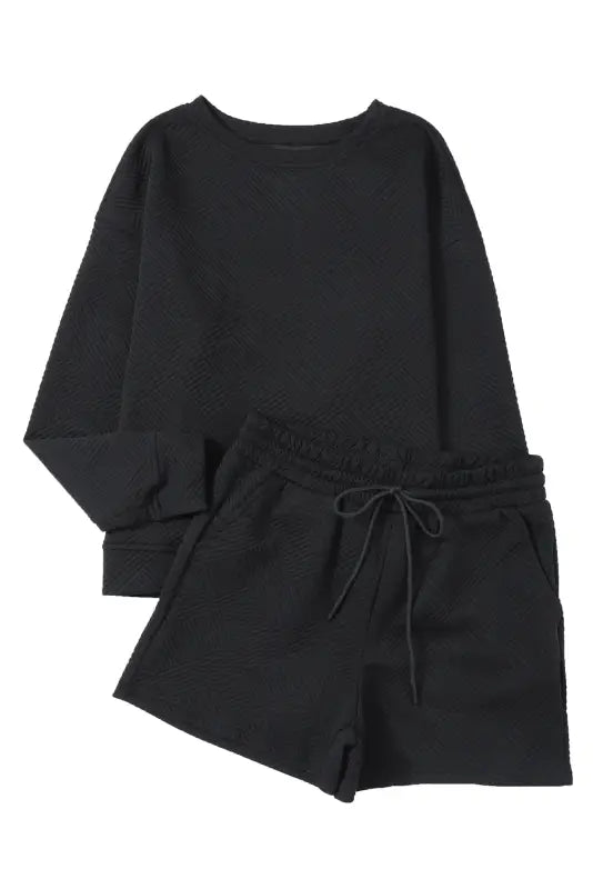 Black textured long sleeve top and drawstring shorts set