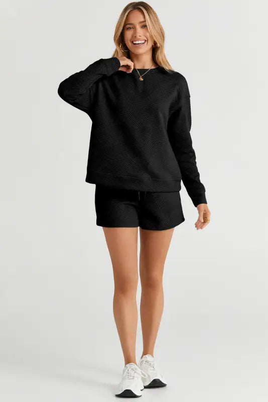 Black textured long sleeve top and drawstring shorts set