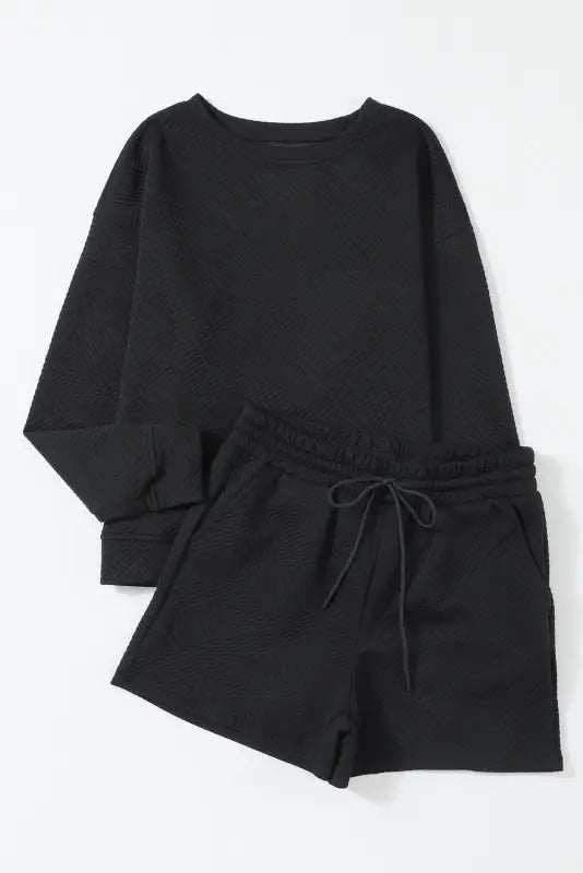 Black textured long sleeve top and drawstring shorts set