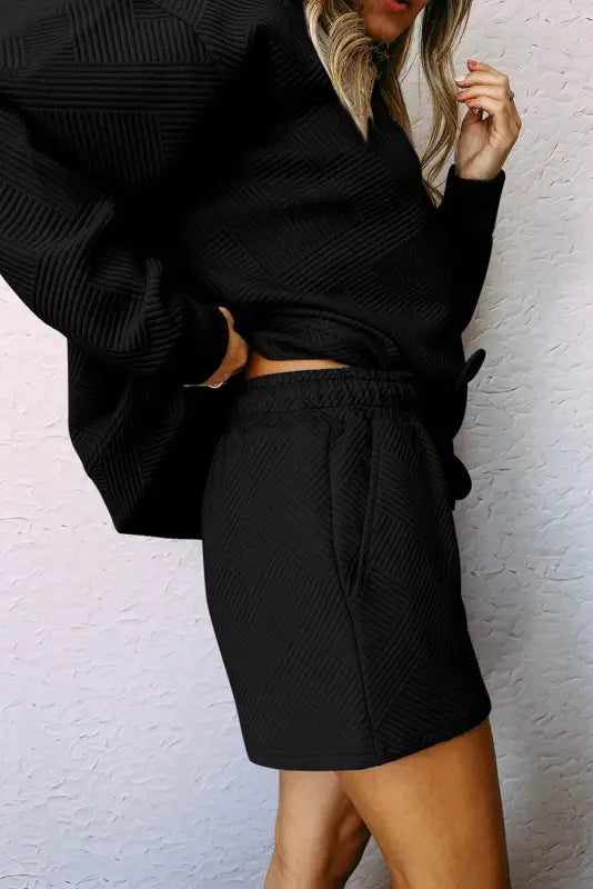 Black textured long sleeve top and drawstring shorts set