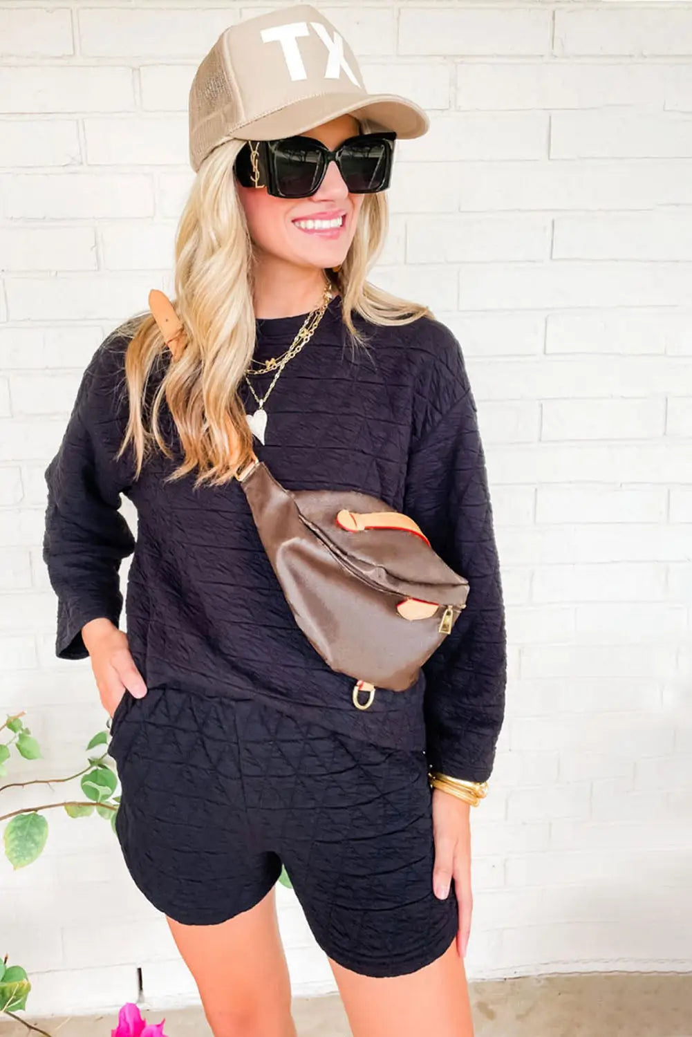 Black textured long sleeve top shorts outfit - loungewear