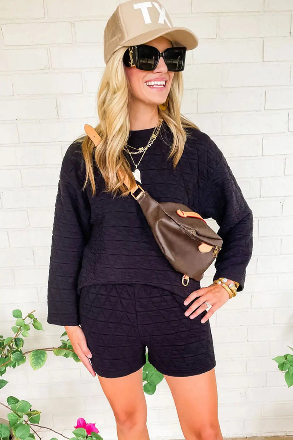 Black textured long sleeve top shorts outfit - loungewear