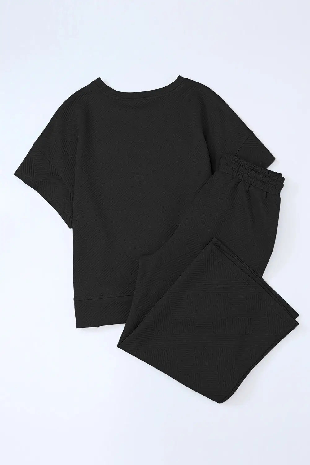 Black textured loose fit t shirt and drawstring pants set - loungewear