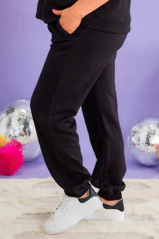 Black Textured Loose Fit T Shirt and Drawstring Pants Set - Fashionfitz