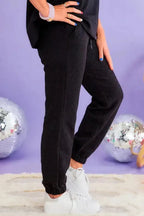 Black Textured Loose Fit T Shirt and Drawstring Pants Set - Fashionfitz