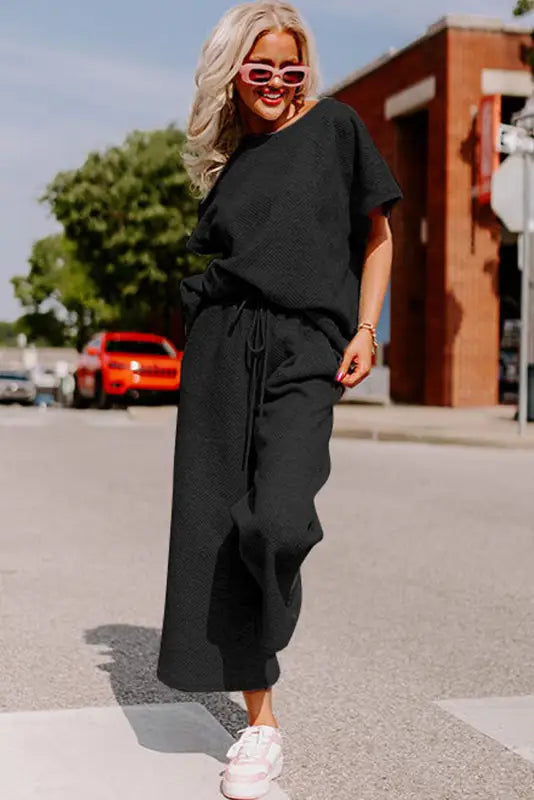 Black textured loose fit t shirt and drawstring pants set - two piece pant sets