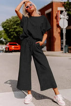 Black Textured Loose Fit T Shirt and Drawstring Pants Set - Fashionfitz