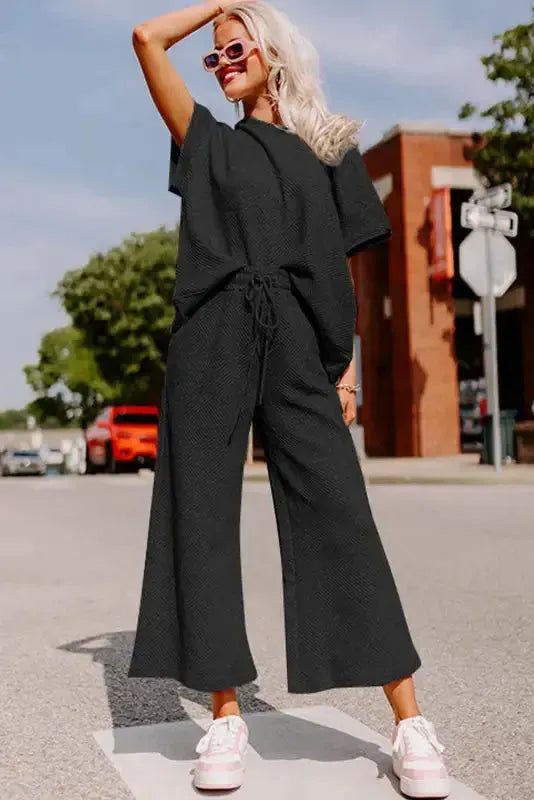 Black Textured Loose Fit T Shirt and Drawstring Pants Set - Fashionfitz