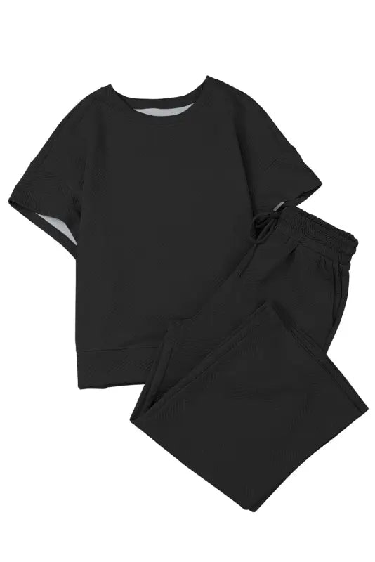 Black textured loose fit t shirt and drawstring pants set - two piece pant sets