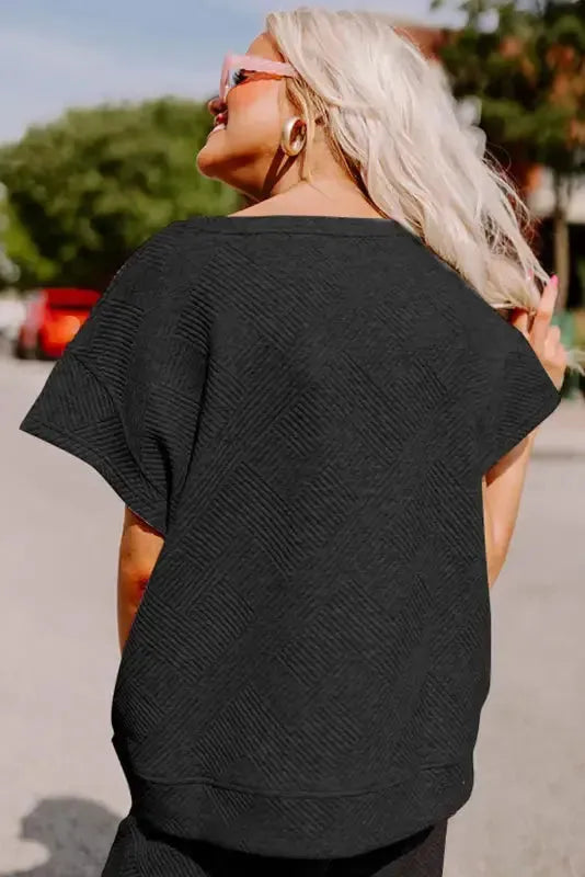 Black Textured Loose Fit T Shirt and Drawstring Pants Set - Fashionfitz