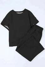 Black Textured Loose Fit T Shirt and Drawstring Pants Set - Fashionfitz