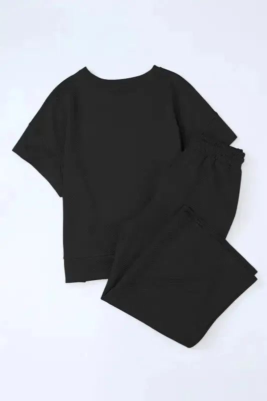 Black Textured Loose Fit T Shirt and Drawstring Pants Set - Fashionfitz