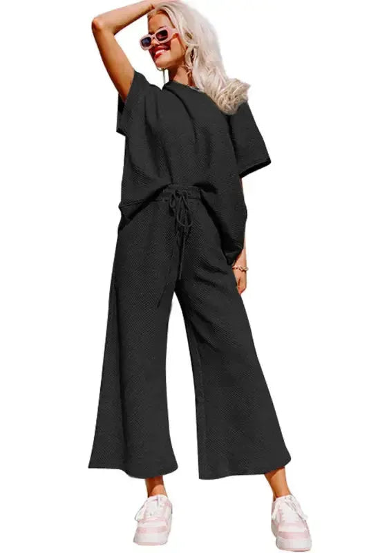 Black Textured Loose Fit T Shirt and Drawstring Pants Set - Fashionfitz