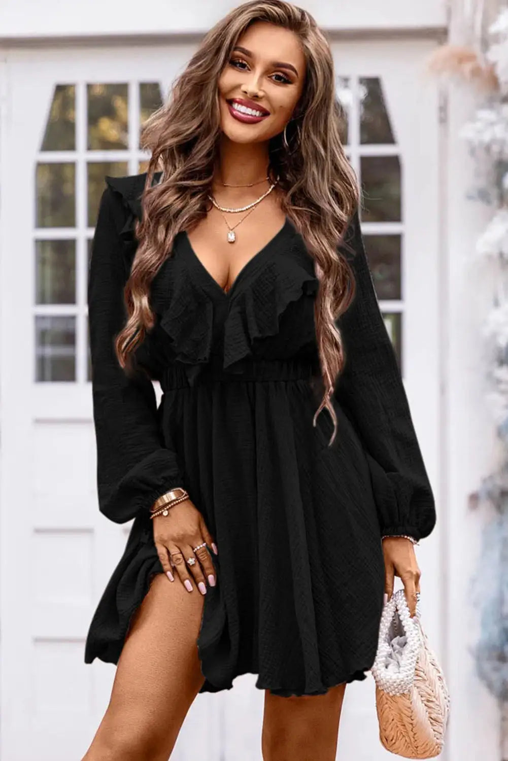 Black textured ruffled v neck high waist mini dress - dresses