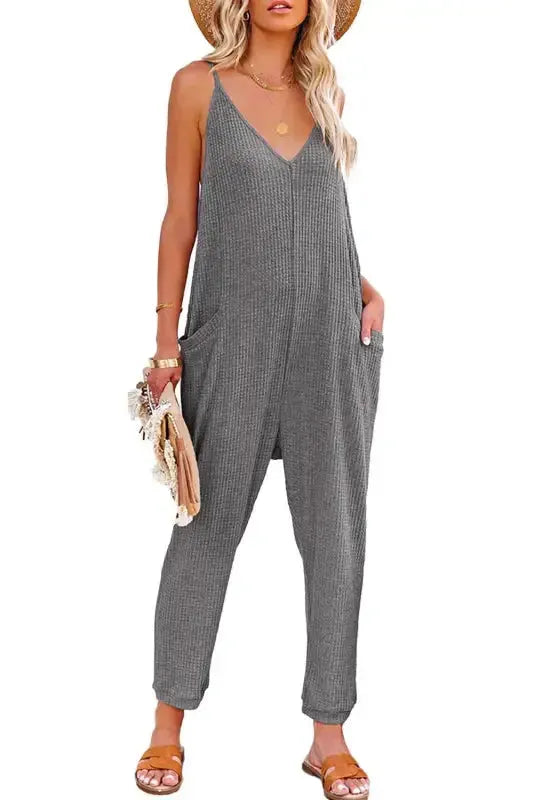 Black Textured Sleeveless V-Neck Pocketed Casual Jumpsuit - Fashionfitz