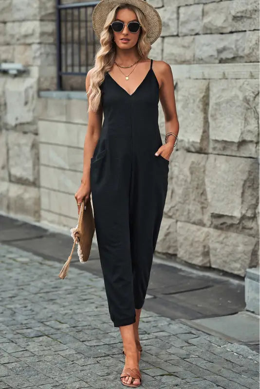 Black textured sleeveless v-neck pocketed casual jumpsuit - jumpsuits & rompers