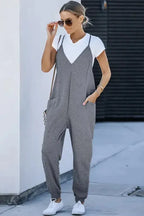 Black Textured Sleeveless V-Neck Pocketed Casual Jumpsuit - Fashionfitz