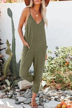 Black Textured Sleeveless V-Neck Pocketed Casual Jumpsuit - Fashionfitz