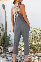 Black Textured Sleeveless V-Neck Pocketed Casual Jumpsuit - Fashionfitz