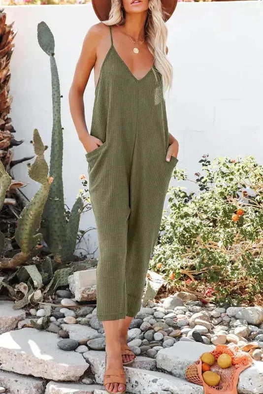 Black Textured Sleeveless V-Neck Pocketed Casual Jumpsuit - Fashionfitz