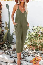 Black Textured Sleeveless V-Neck Pocketed Casual Jumpsuit - Fashionfitz