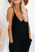 Black Textured Sleeveless V-Neck Pocketed Casual Jumpsuit - Fashionfitz
