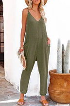 Black Textured Sleeveless V-Neck Pocketed Casual Jumpsuit - Fashionfitz