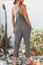 Black Textured Sleeveless V-Neck Pocketed Casual Jumpsuit - Fashionfitz