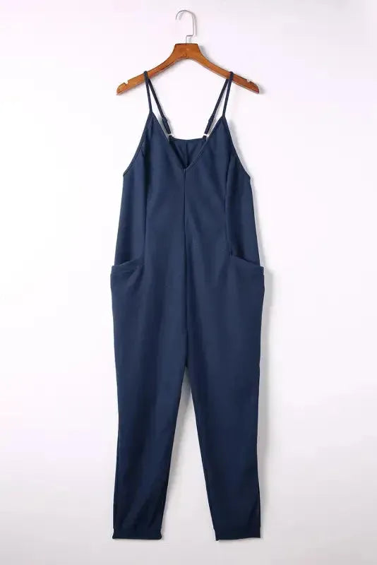 Black Textured Sleeveless V-Neck Pocketed Casual Jumpsuit - Fashionfitz