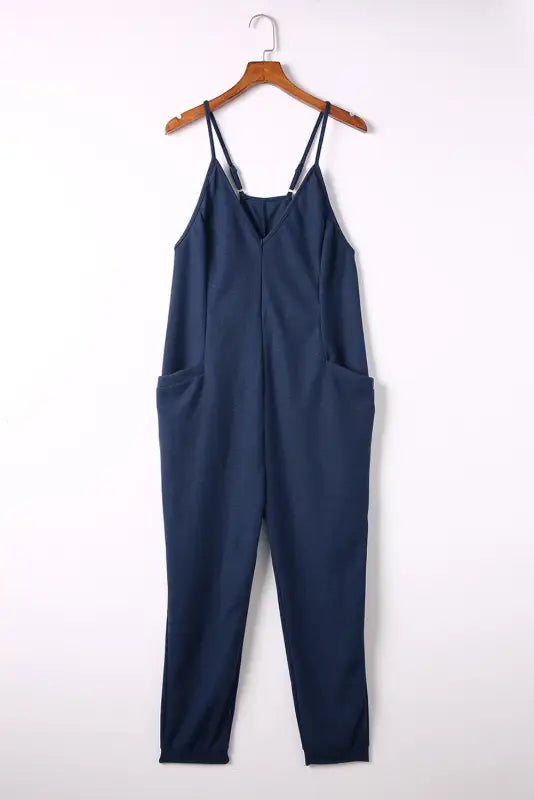 Black textured sleeveless v-neck pocketed casual jumpsuit - jumpsuits & rompers