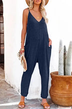 Black Textured Sleeveless V-Neck Pocketed Casual Jumpsuit - Fashionfitz