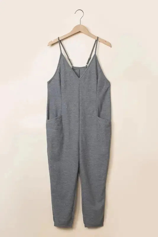 Black Textured Sleeveless V-Neck Pocketed Casual Jumpsuit - Fashionfitz