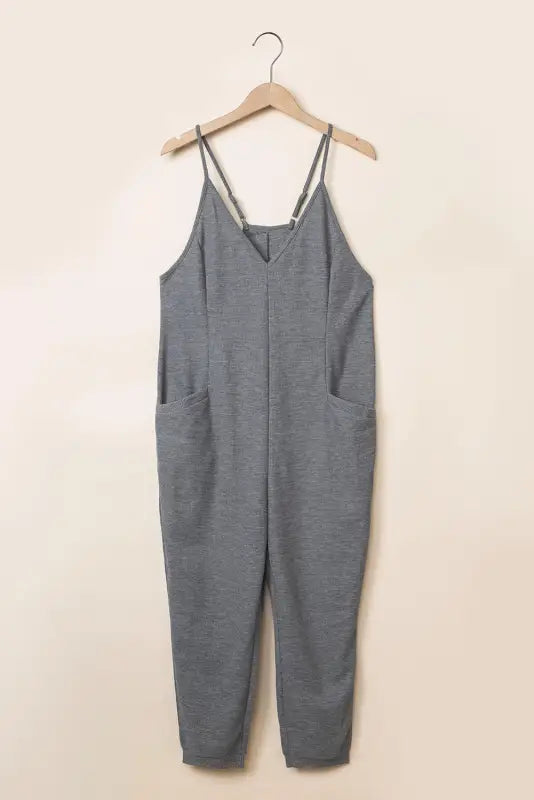 Black textured sleeveless v-neck pocketed casual jumpsuit - jumpsuits & rompers