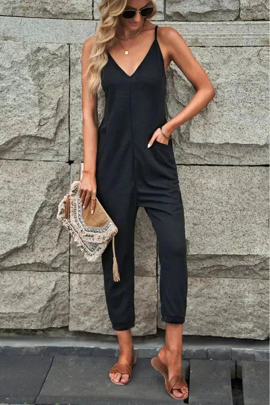 Black Textured Sleeveless V-Neck Pocketed Casual Jumpsuit - Fashionfitz